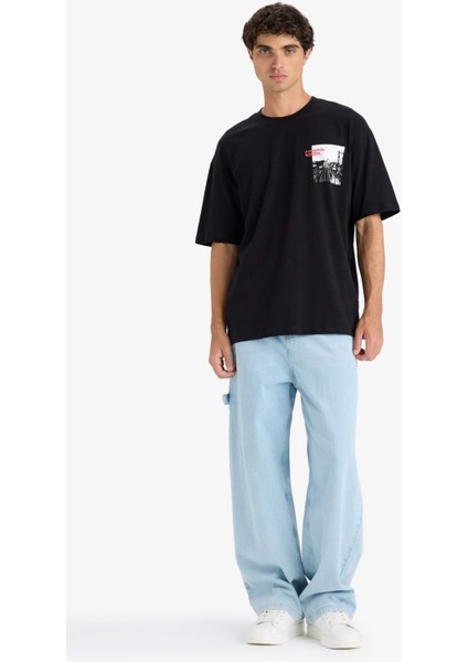 %100 Pamuk Boxy Fit Bisiklet Yaka Baskılı Kısa Kollu Tişört F8555AX25HS fiyatları