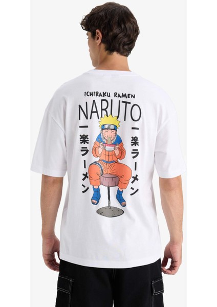 %100 Pamuk Naruto Boxy Fit Rahat Kesim Bisiklet Yaka Sırt Baskılı Kısa Kollu Tişört E7359AX25AU