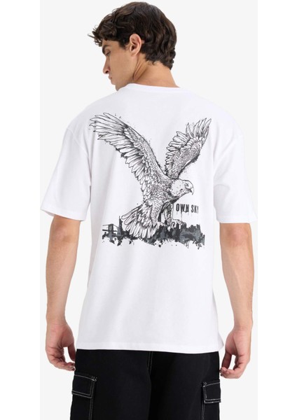 %100 Pamuk Boxy Fit Bisiklet Yaka Sırt Baskılı Kısa Kollu Tişört F8649AX25HS