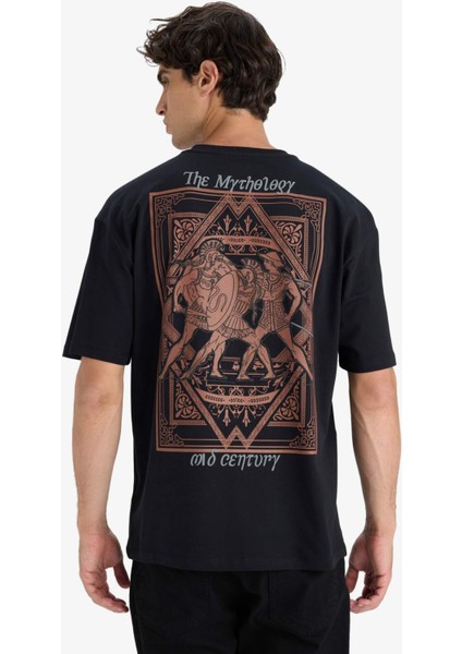 %100 Pamuk Boxy Fit Rahat Kesim Bisiklet Yaka Sırt Baskılı Kısa Kollu Tişört F8324AX25AU