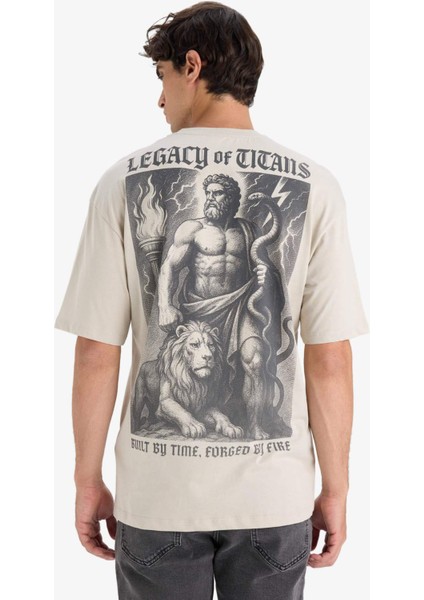 %100 Pamuk Boxy Fit Rahat Kesim Bisiklet Yaka Sırt Baskılı Kısa Kollu Tişört F8326AX25AU