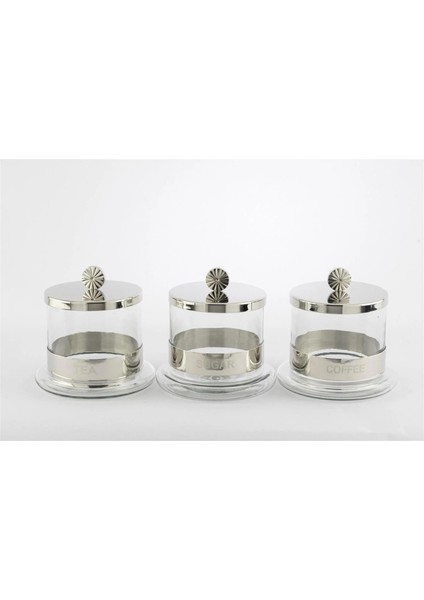 3lü Çay Kahve Şeker Metalli Cam Kavanoz St 14X14CM