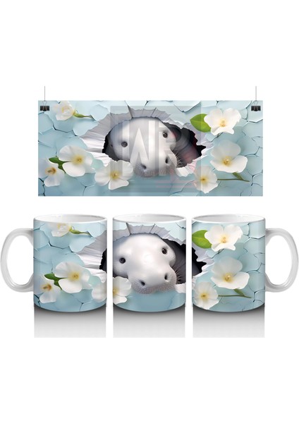 Beyaz Çiçekler Arasında Tatlı Su Aygırı - Baskılı Kahve Kupası