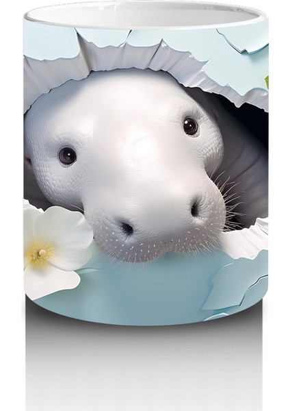 Beyaz Çiçekler Arasında Tatlı Su Aygırı - Baskılı Kahve Kupası modelleri