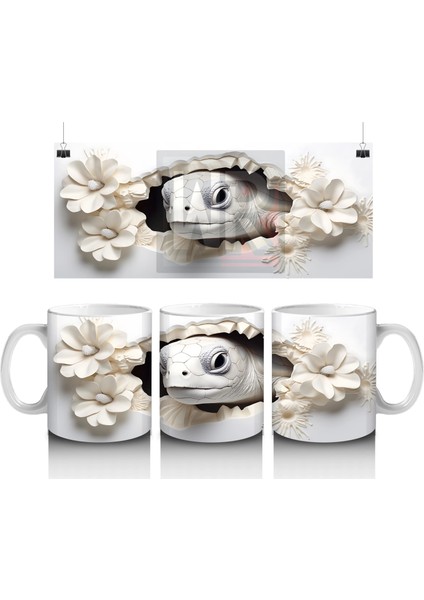 Beyaz Çiçekler Arasında Sevimli Kaplumbağa - Baskılı Kahve Kupası