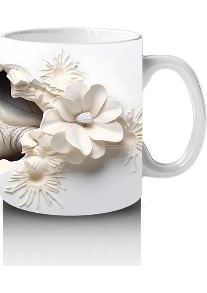 Beyaz Çiçekler Arasında Sevimli Kaplumbağa - Baskılı Kahve Kupası fırsatları