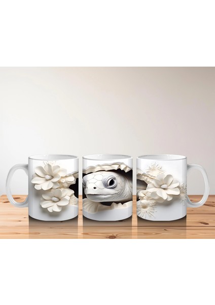 Beyaz Çiçekler Arasında Sevimli Kaplumbağa - Baskılı Kahve Kupası indirimleri
