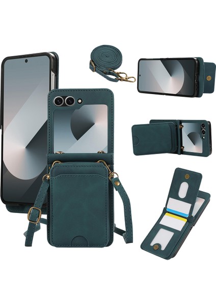Samsung Galaxy Z Flip7 5g Kart Tutucu Kickstand Deri + Tpu Telefon Kılıfı ve Omuz Askısı (Yurt Dışından)
