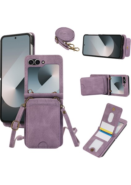 Samsung Galaxy Z Flip7 5g Kart Tutucu Kickstand Deri + Tpu Telefon Kılıfı ve Omuz Askısı (Yurt Dışından)