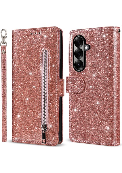 Samsung Galaxy Z Fold7 5g Pu + Pc Stand Kılıf Simli Telefon Deri Kılıf Fermuarlı Cep Askılı (Yurt Dışından)
