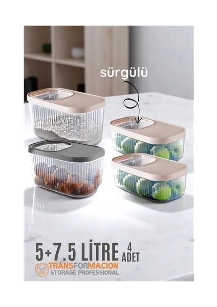 Erzak Bakliyat Kutusu Sürgülü Kapak Saklama Kabı 5 ve 7.5 Litre 4 Lü