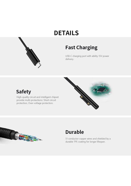 Naylon Örgülü Usb-C Şarj Kablosu Surface Pro 6/5/4/3 Yüzey Dizüstü Bilgisayar 1.5 M 45W 15V Pd Güç Uzatma Kablosu (Yurt Dışından) fiyatları