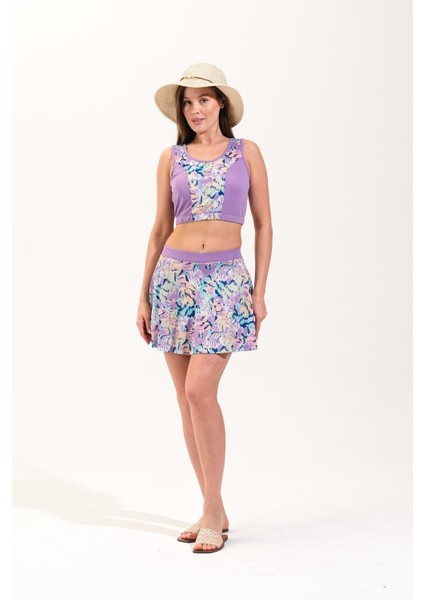 2247_ Kadın 2 Parça Şort Etekli Astarlı Crop Mayo Lila