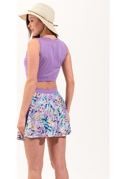 2247_ Kadın 2 Parça Şort Etekli Astarlı Crop Mayo Lila fiyatları