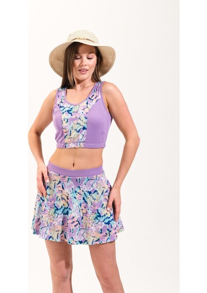 2247_ Kadın 2 Parça Şort Etekli Astarlı Crop Mayo Lila modelleri