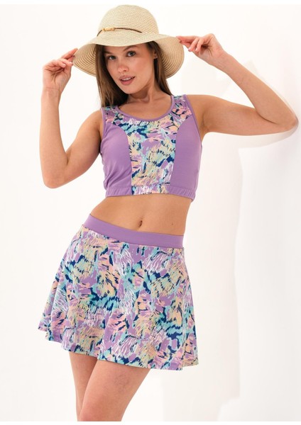 2247_ Kadın 2 Parça Şort Etekli Astarlı Crop Mayo Lila fırsatları