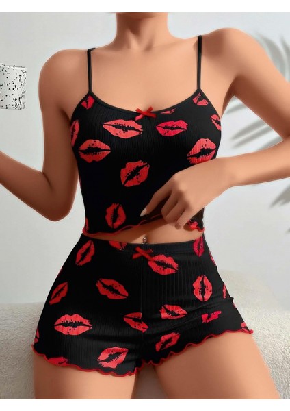 - Pamuklu Kiss Öpücük Desen Siyah Fitilli Şortlu Pijama Takımı
