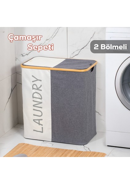 MIO-103 Bambu 2 Bölmeli Banyo Kirli Çamaşır Sepeti Banyo Düzenleyici Sepet 59X53,5 cm