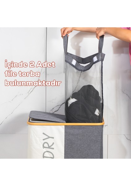 MIO-103 Bambu 2 Bölmeli Banyo Kirli Çamaşır Sepeti Banyo Düzenleyici Sepet 59X53,5 cm fiyatları