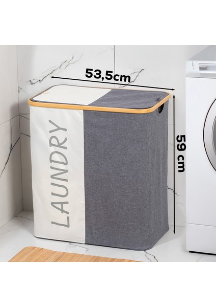 MIO-103 Bambu 2 Bölmeli Banyo Kirli Çamaşır Sepeti Banyo Düzenleyici Sepet 59X53,5 cm modelleri