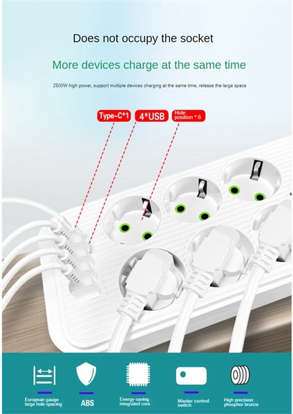 Ab Güç Şeridi Multiprise 6AC Çıkışlı Elektrik Soketi 4 USB 1 Type-C Ağ Filtresi Hızlı Şarjlı Ab Fişi Siyah (Yurt Dışından) indirimleri