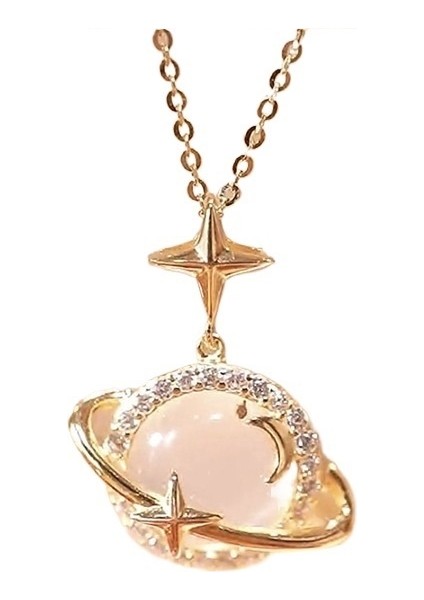 Kadınlar Için Yeni Yıldız ve Ay Kolyesi Hafif Lüks Stil Yıldız ve Ay Efsanesi Kalsedon Köprücük Kemiği Zinciri Paslanmaz Çelik Gezegen Kolye Ucu (Yurt Dışından)