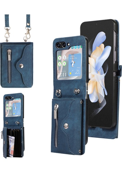 Samsung Galaxy Z Flip7 5g Cep Telefonu Kılıfı Pu Deri + Tpu Rfıd Engelleme Kart Yuvaları Kapağı 2 Kayışlı (Yurt Dışından)