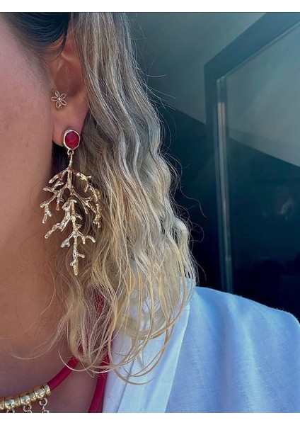 Mercan Kırmızı taşlı küpe