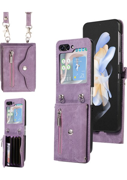 Samsung Galaxy Z Flip7 5g Cep Telefonu Kılıfı Pu Deri + Tpu Rfıd Engelleme Kart Yuvaları Kapağı 2 Kayışlı (Yurt Dışından)