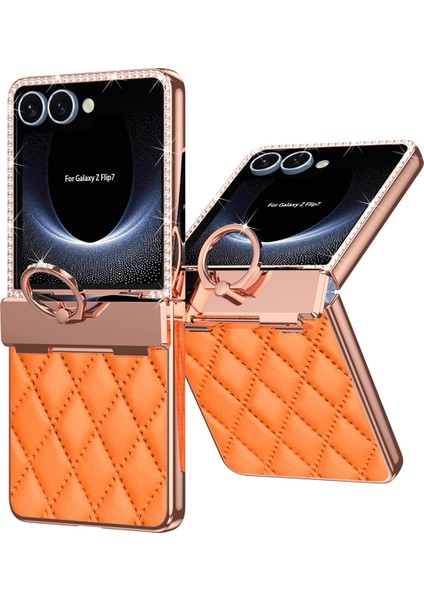 Samsung Galaxy Z Flip7 5g Yapay Süslemeli Yüzük Tutucu Eşkenar Dörtgen Deri + Pc Telefon Kılıfı (Yurt Dışından)