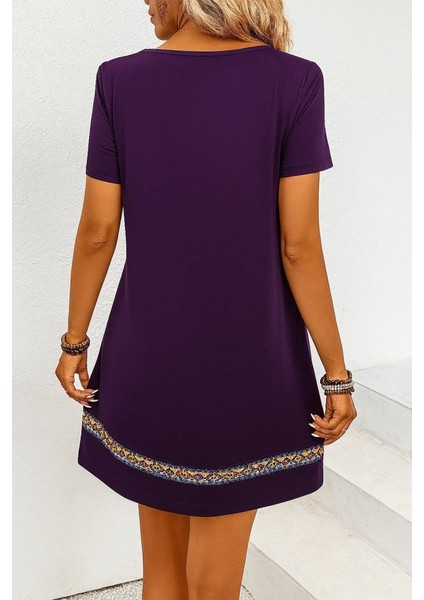 Kadın Kısa Kollu V Yakalı Etnik Desen Şerit Detaylı Viskon Elbise modelleri