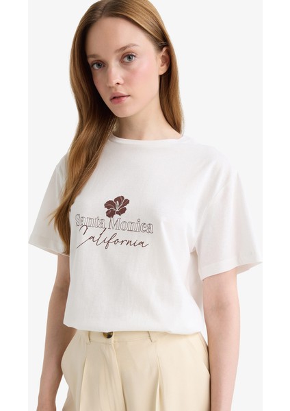 Regular Fit Bisiklet Yaka Çiçek Baskılı Kısa Kollu Tişört F9799AX25HS