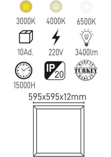 MX-1176 36W 60X60 Sıva Altı Slım LED Panel 3000K Sıcak Beyaz, 3400 Lümen fiyatları