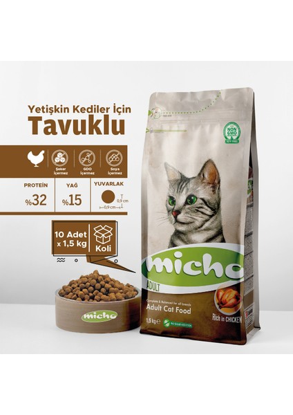 Adult Cat Tavuklu Yetişkin Kedi Maması 1,5 kg x 10 Adet, Tüm Irklar Için, Doğal, Şeker Içermez fiyatları