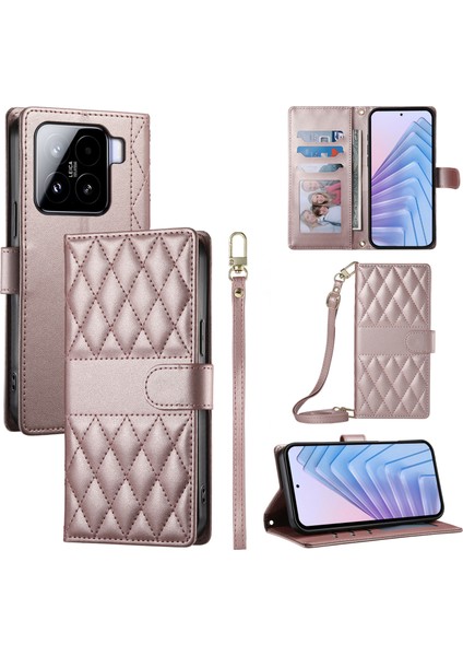 Xiaomi 15 Eşkenar Dörtgen Dikiş Cüzdan Standı 2 Askılı Deri Telefon Kapağı (Yurt Dışından)