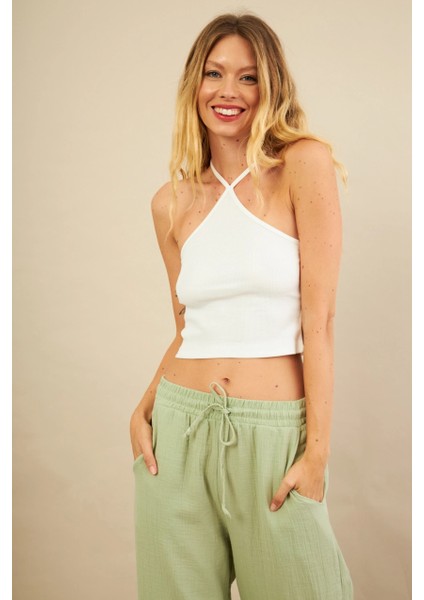 Kadın Ekru Boncuk Detaylı Sırtı Açık Bluz LPP1245-90