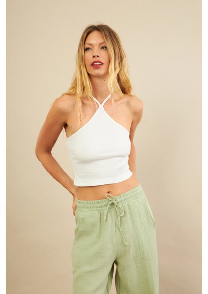 Kadın Ekru Boncuk Detaylı Sırtı Açık Bluz LPP1245-90 fırsatları