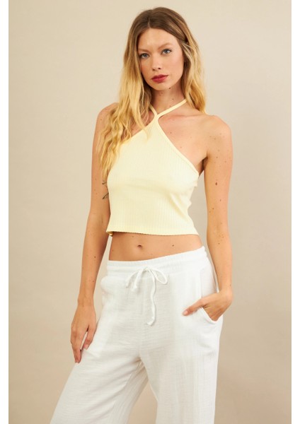 Kadın Sarı Boncuk Detaylı Sırtı Açık Bluz LPP1245-90 fiyatları