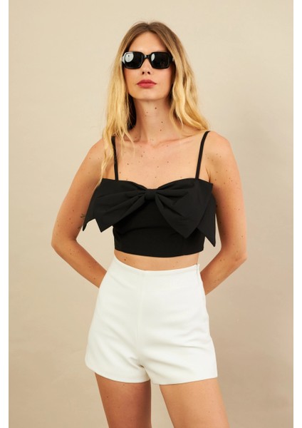 Kadın Siyah Fiyonklu Crop Bluz KED0089 fiyatları