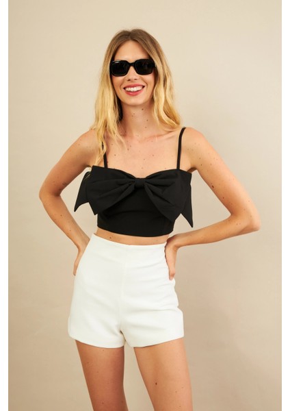 Kadın Siyah Fiyonklu Crop Bluz KED0089 modelleri