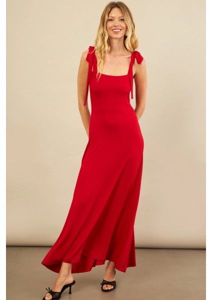 Kadın Kırmızı Omuz Fiyonklu Midi Elbise EY3119