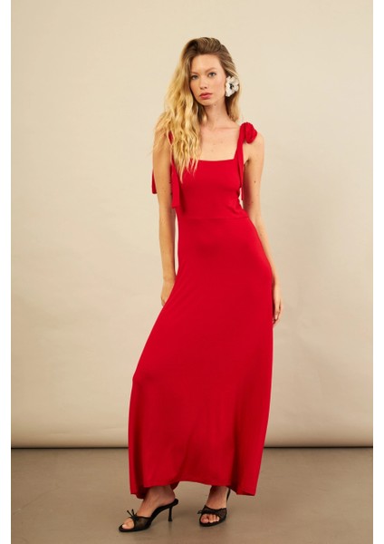 Kadın Kırmızı Omuz Fiyonklu Midi Elbise EY3119 fırsatları