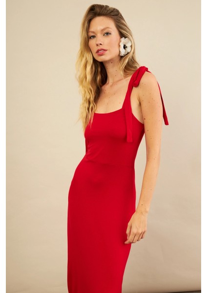Kadın Kırmızı Omuz Fiyonklu Midi Elbise EY3119 indirimleri