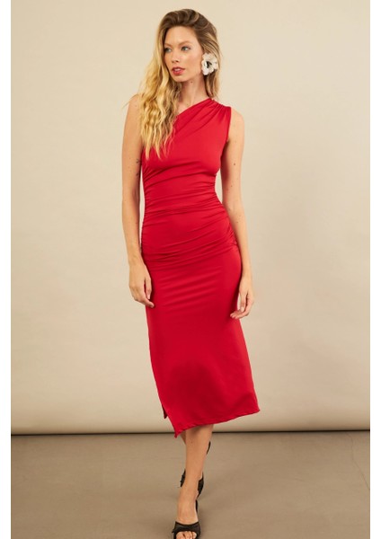 Kadın Kırmızı Büzgülü Tek Omuz Midi Elbise YEL221676
