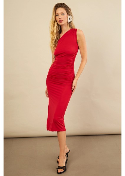 Kadın Kırmızı Büzgülü Tek Omuz Midi Elbise YEL221676 fırsatları