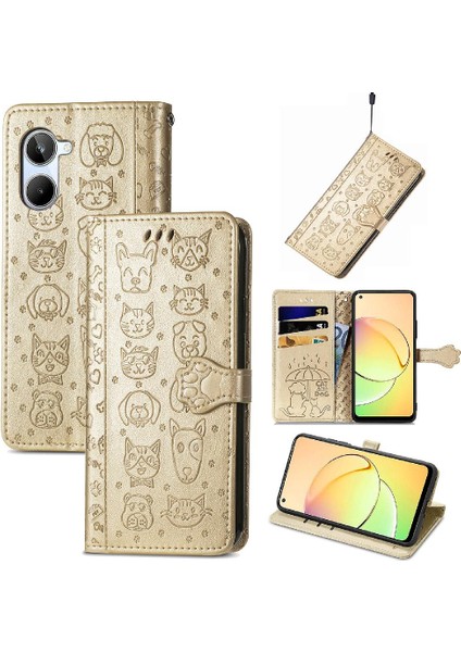 Realme 10 Flip Kapak Kılıf Için Kılıf Kısa Kayış Karikatür Hayvanlar (Yurt Dışından)