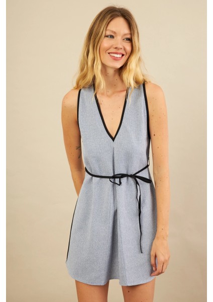 Kadın İndigo Mini Keten Elbise MSİ103