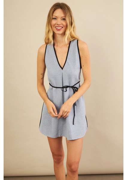 Kadın İndigo Mini Keten Elbise MSİ103 fırsatları