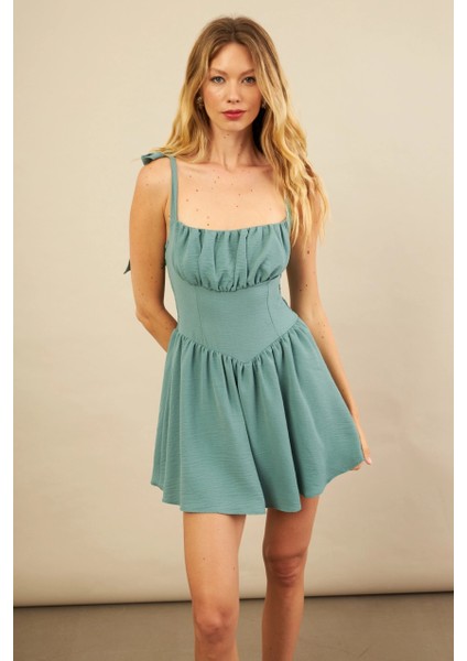 Kadın Çağla Yeşili Sırtı Gipeli Mini Elbise YEL221688 modelleri