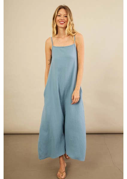 Kadın İndigo Cepli İp Askılı Midi Müslin Elbise BTY100